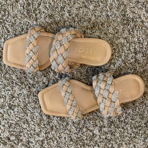 Braided bedazzled slip-on sandals